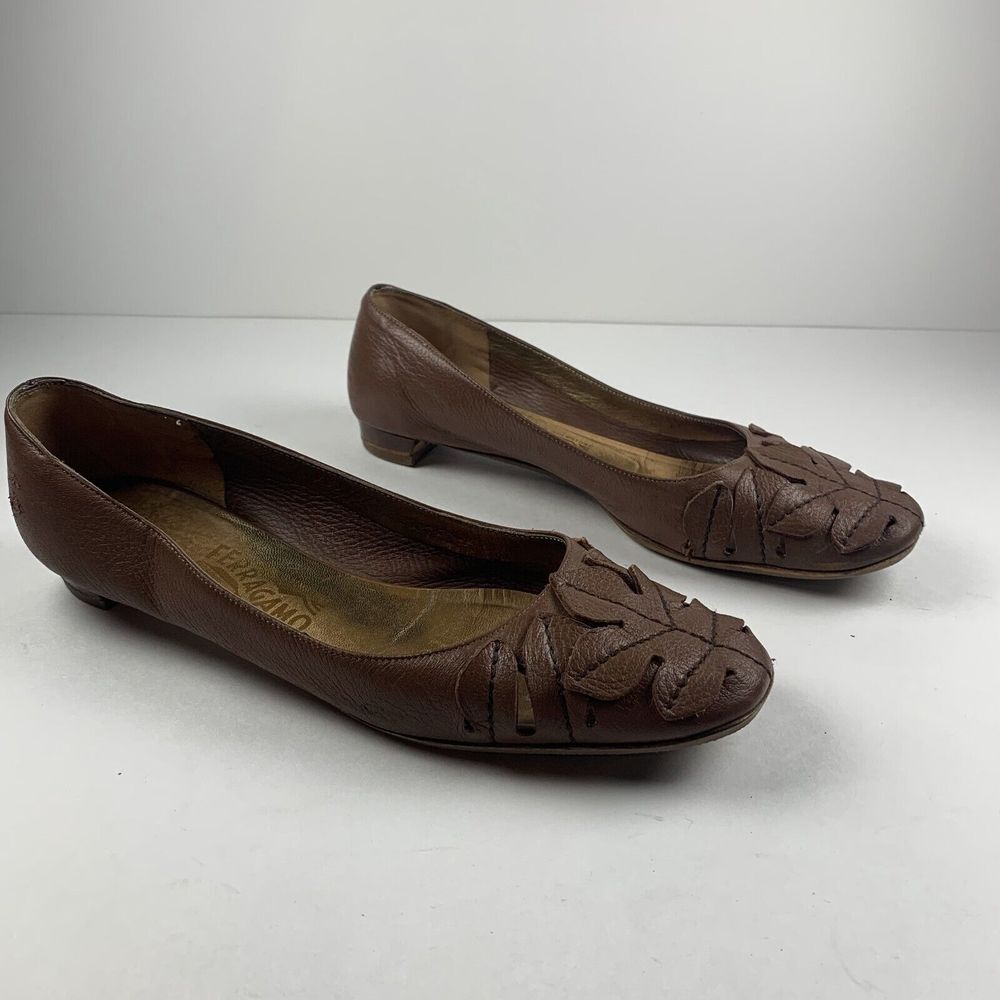 Salvatore Ferragamo Ballet Flats Women 9‎ Brown Leather Leaf Applique Shoes